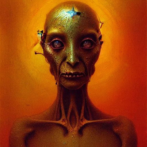 Image similar to portrait of ethereal goblin princess in golden armour by Beksinski