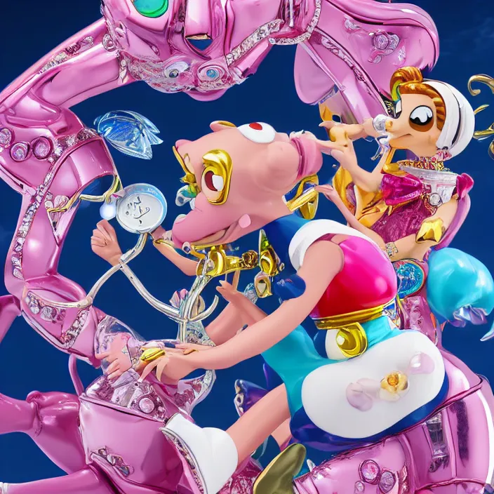 Prompt: jeff koons bauhaus style street sharks sailor moon wearing diamond grillz in wallace & gromit, intricate details, serious, highly detailed, photorealistic, octane render, 8 k, art by todd mcfarlane