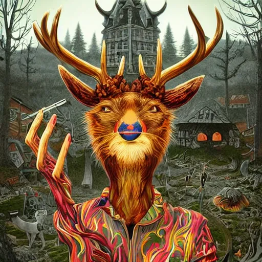 Image similar to 4 k headshot portrait of a psychedelic demonic anthropomorphic deer - horned wendigo smoking a hand - rolled cigarette smoking heavily, magic mushroom village in background. award winning. superb resolution. in the art style of junji ito and greg rutkowski. detailed mushroom city in background. hyper realistic anime. perfect art. dalle 2