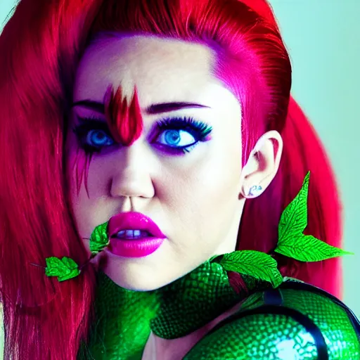 Prompt: miley cyrus as poison ivy, dc, movie, photography, portrait, beautiful,