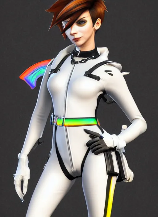 Image similar to portrait bust digital artwork of tracer overwatch, wearing white iridescent rainbow latex and leather straps catsuit outfit, 4 k, expressive happy smug expression, makeup, in style of mark arian, angel wings, wearing detailed black leather collar, chains, black leather harness, detailed face and eyes,