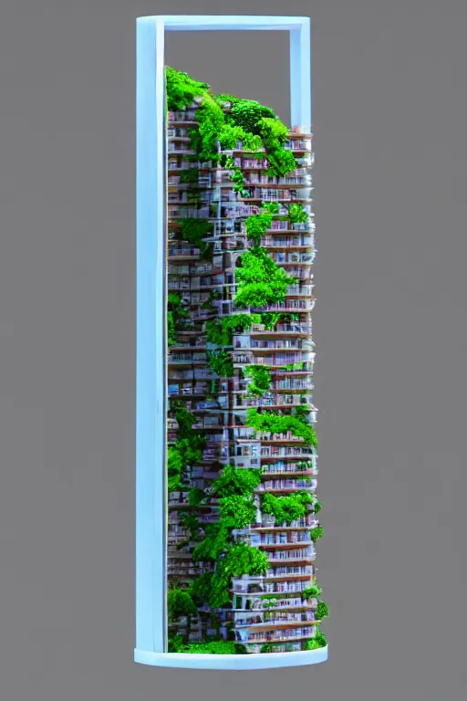 Image similar to 3 d printed physical model organic flowy including more than one city into one vertical building model that sits on a table in a room with a view back, multiple stories, transparent, with vegetation, colorful, eye - level view, 8 0 k, octane render, highly detailed 3 d render,
