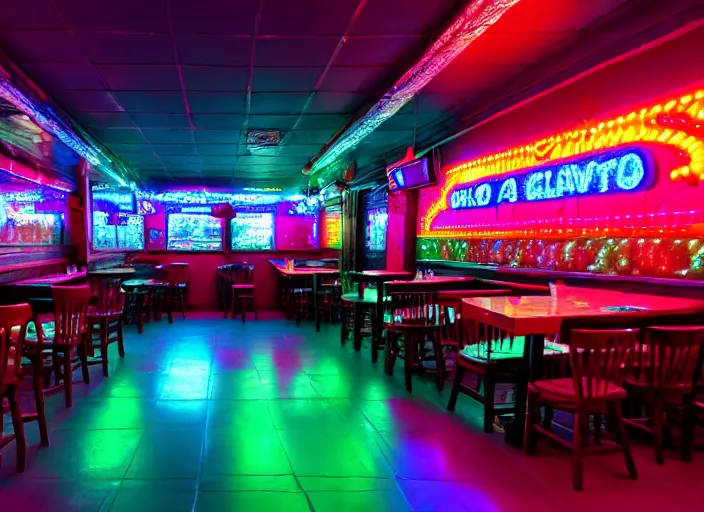 Prompt: photo of a mexican restaurant, neon lights, in a flat snowy field. 35mm. Very detailed 8k. Sharp. Cinematic post-processing. Unreal engine. Ray tracing. Parallax. Tessellation