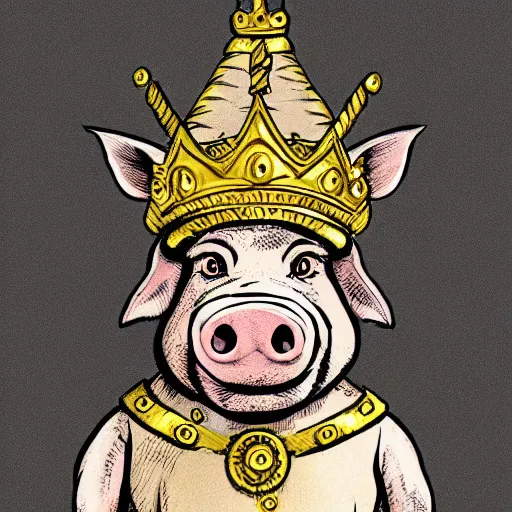 Prompt: pig wearing a gold crown on it's head illustration concept art in the style of Arthur Adams, full body 8k