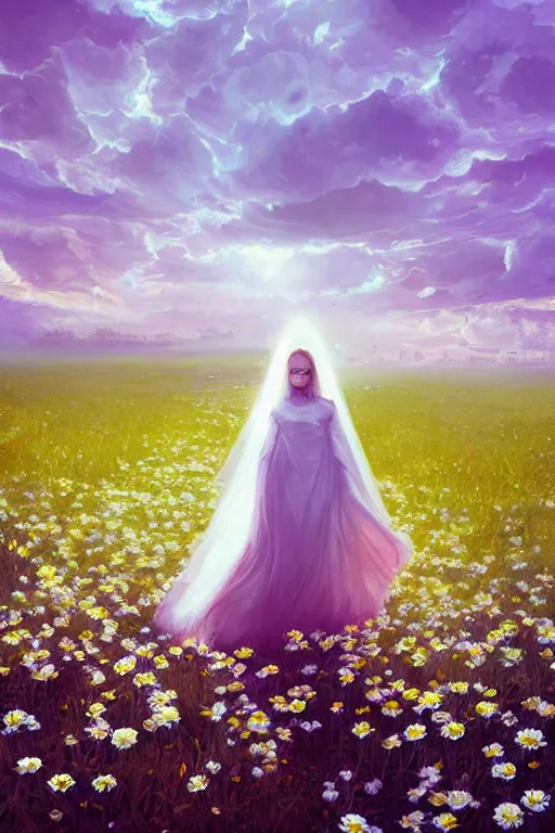 Image similar to giant white daisy flower on head, veiled girl walking in a flower field, surreal photography, sunrise, dramatic light, impressionist painting, colorful clouds, digital painting, artstation, simon stalenhag