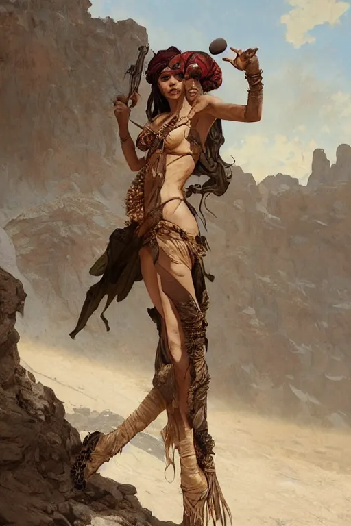 Image similar to a full body portrait of a beautiful post apocalyptic offworld desert bedouin thief savage rogue in beggars clothes in ballet pose by the emerald oasis pools, intricate, elegant, highly detailed, digital painting, artstation, concept art, smooth, sharp focus, illustration, art by krenz cushart and artem demura and alphonse mucha