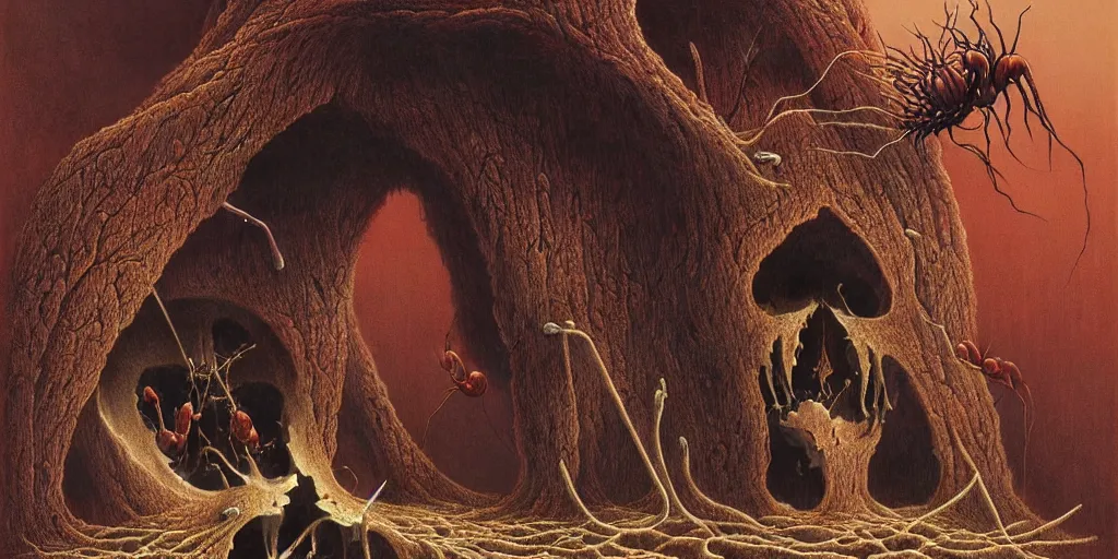 Image similar to tiny colony of red harvester ants nested inside the cavities of a large moose skull, Zdzislaw Beksinski, Wayne Barlowe, gothic, cosmic horror, dystopian, biomorphic, lovecraftian, amazing details, cold hue's