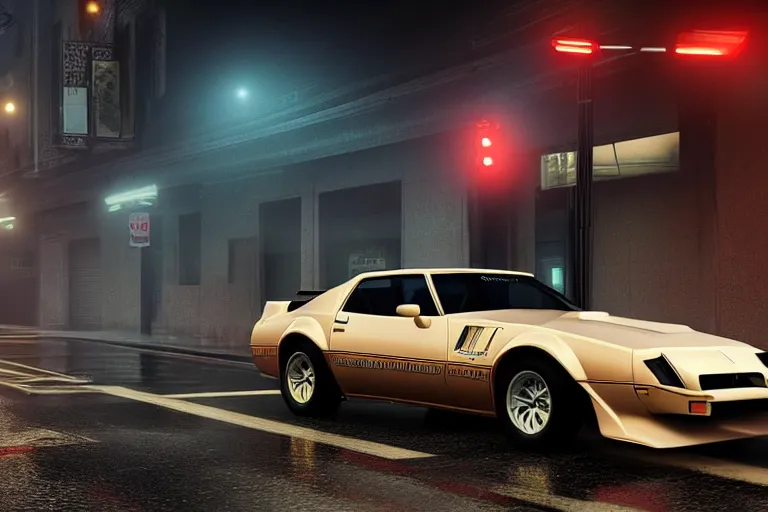 Image similar to hyperdetailed, photorealistic photograph of a 1 9 8 2 pontiac firebird trans - am drifting in the streets, rain, night, dense fog, hd, unreal engine 5 by greg rutowski, by stanley artgerm, by alphonse mucha