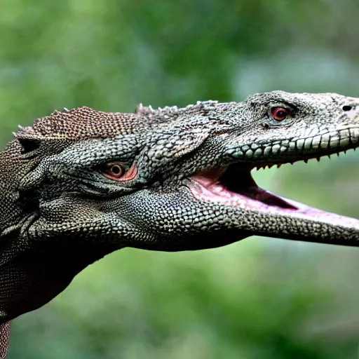 Image similar to Komodo dragon and hawk hybrid animal, head has sharp beak