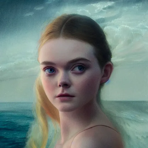 Prompt: silhouette of a Elle Fanning gazing at the stormy ocean, extremely detailed masterpiece, oil on canvas, low-key neon lighting, Blade Runner 2049, Roger Deakin’s cinematography, artstation, by J. C. Leyendecker and Peter Paul Rubens,