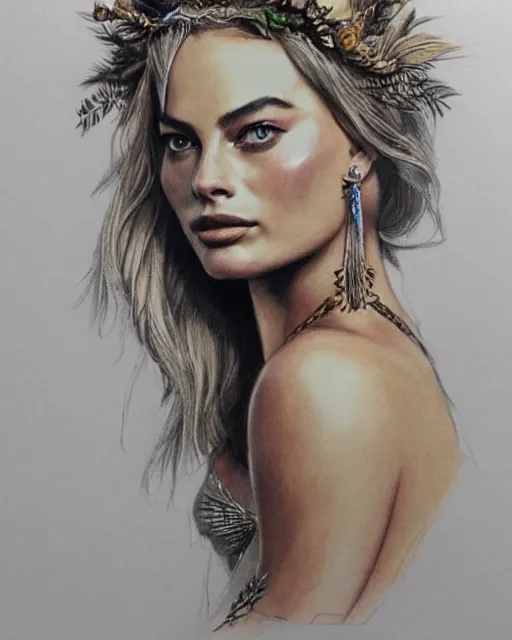 Image similar to realism tattoo sketch of margot robbie as a beautiful greek goddess aphrodite with piercing eyes wearing a laurel wreath and triangle earrings, in the style of greg rutkowski, amazing detail