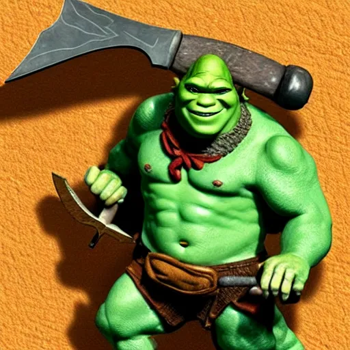 Prompt: a dungeons and dragons miniature of shrek wielding an axe, onlooking players are horrified