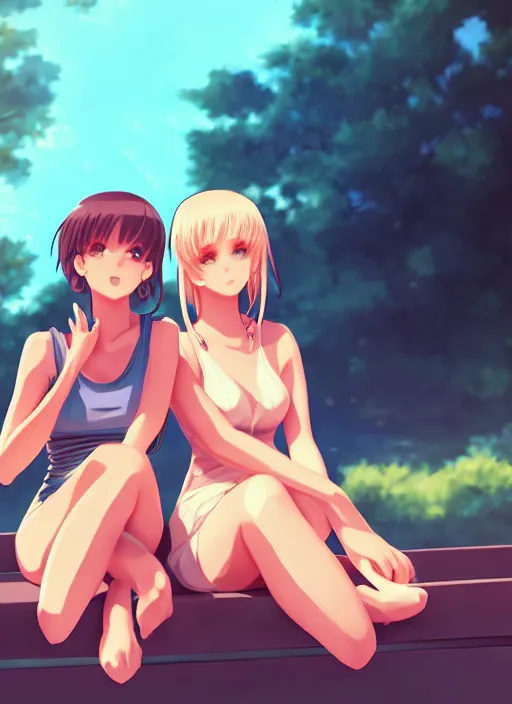 Image similar to two beautiful identical women sitting on a hot summer evening, gorgeous faces, thick lines, cinematic lighting, detailed anime art