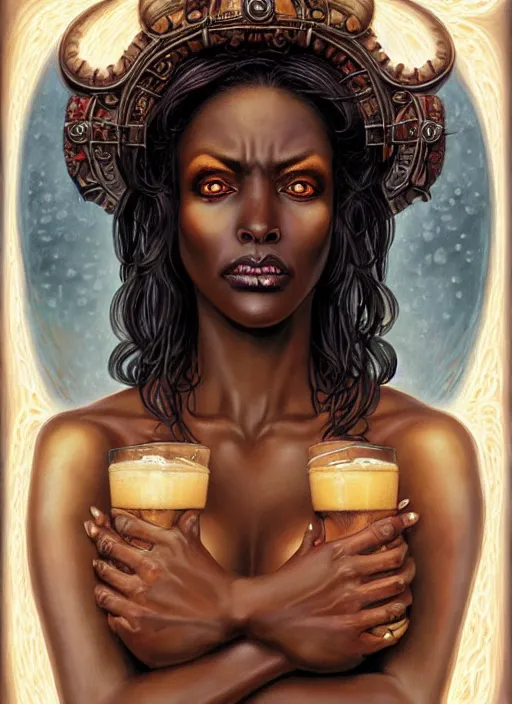 Image similar to stunning goddess of beers portrait, clear eyes and dark skin. realistic, symmetrical face. art by bowater charlie, mark brooks, julie bell, arian mark, tony sandoval