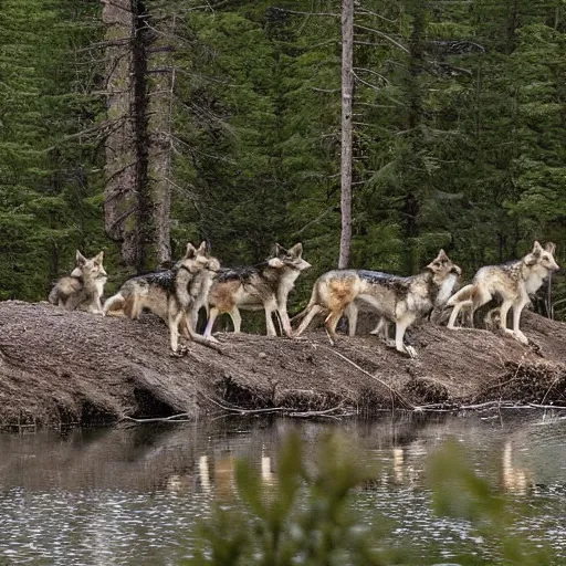 Prompt: a pack of wolves in the distance of a forest on the other side of a creek