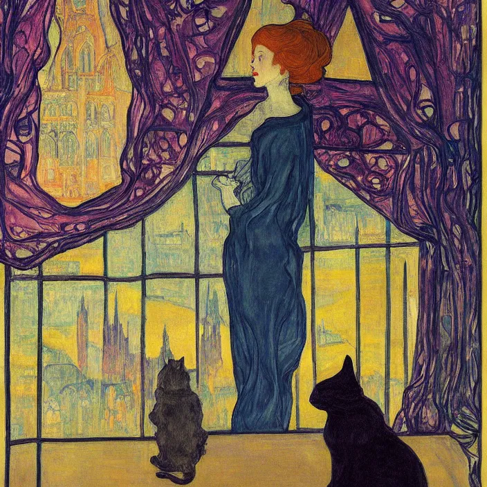 Image similar to close portrait of woman in transparent vaporous night gown with cat, with city with gothic cathedral seen from a window frame with curtains. autumn light, vivid iridescent psychedelic colors. munch, egon schiele, henri de toulouse - lautrec, utamaro, monet, agnes pelton, lucas cranach