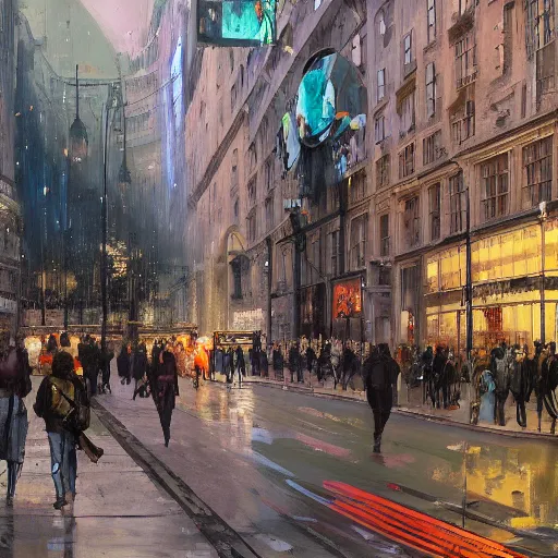 Prompt: of oxford street london lots of people in the style of disco elysium, expressionism, artstation, trending, by aleksander rostov, jenny saville, rembrandt, alex kanevsky, wassily kandinsky, dave mckean, yoshitaka amano