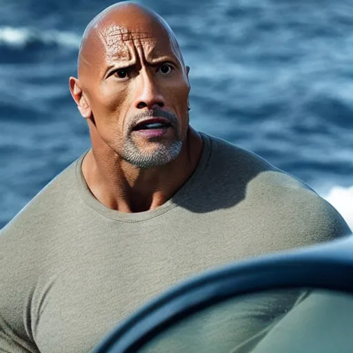 Prompt: close up cinematic still of Dwayne Johnson in JAWS