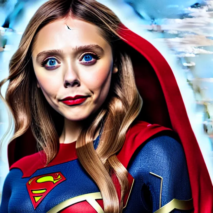 Prompt: professional full length photograph of elizabeth olsen as supergirl. Extremely detailed. 8k