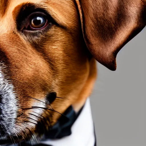 Prompt: a high detail shot of a dog wearing a suit, realism, 8k