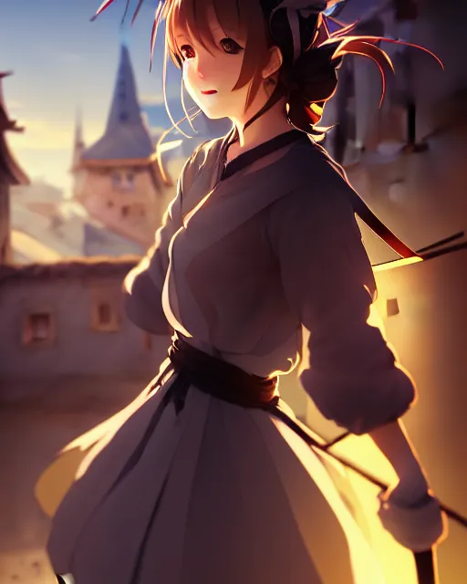 Image similar to pixiv, key anime visual portrait of a young female walking through a medieval village, dynamic pose, dynamic perspective, cinematic, dramatic lighting, detailed silhouette, film grain, yoshitaka amano, tending on artstation, face by yoh yoshinari, detailed, intricate