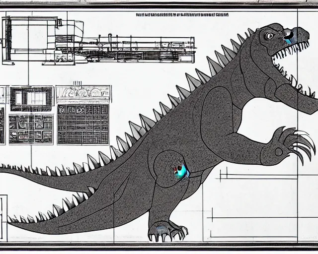 Image similar to a full page of a mechanical blueprint showing the interior of godzilla, with a big head, muted colors, post grunge, studio ghibli, hq,