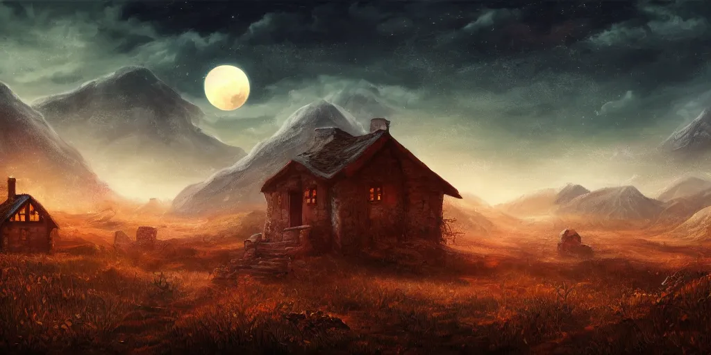 Image similar to Blood soaked fields with large mountains in the distance, small cottage in the foreground, nighttime, moon in the night sky, landscape wallpaper, d&d art, fantasy, painted, 4k, high detail, sharp focus