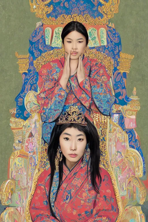Prompt: portrait of a beautiful young asian woman with shoulder length hair and strong facial bone structure, queen and ruler of the universe, sitting on her throne, men kneeling at her feet, painting by tara phillips, hyper detailed, hyperrealism