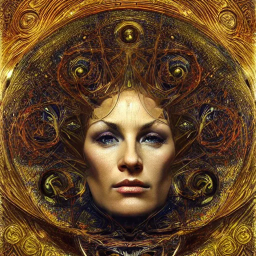 Prompt: Divine Chaos Engine portrait by Karol Bak, Jean Deville, Gustav Klimt, and Vincent Van Gogh, celestial, visionary, fractal structures, ornate realistic gilded medieval icon, spirals, mystical