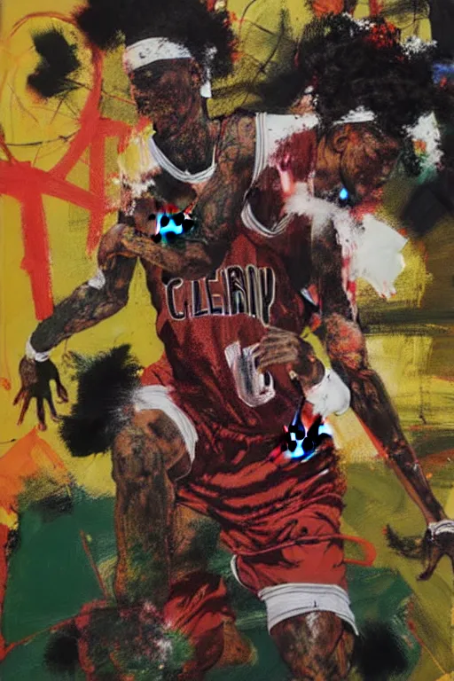 Image similar to nike advertisment with a black boston celtics basketballer making dunk, rich deep colours, painted by francis bacon, adrian ghenie, james jean and petra cortright, part by gerhard richter, part by takato yamamoto masterpiece