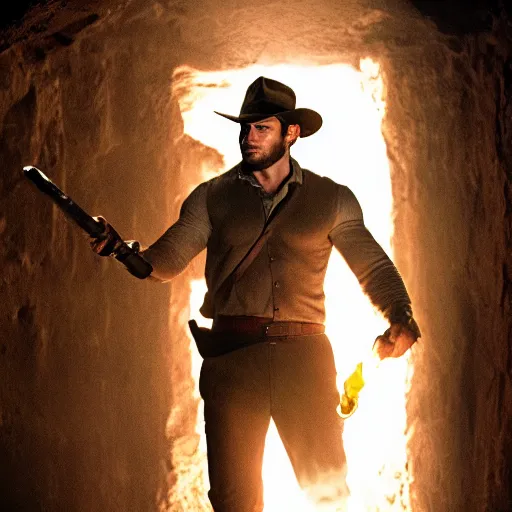 Image similar to still of Henry Cavill as Indiana Jones with a torch in a secret antic room, centred, full body, focused, cinematic light, by Steven Spielberg, eighties movie, 4K, detailed