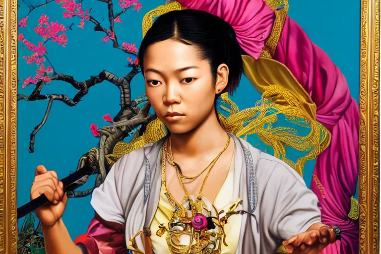 Image similar to am asian girl pirate with iridescent skin by kehinde wiley