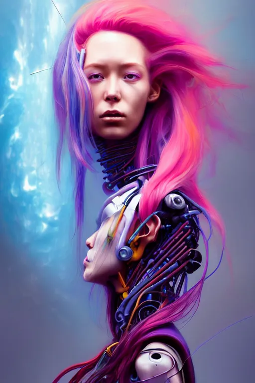 Image similar to a half body image of a beautiful young 28th century super cool post-human female wiht long colorful hair, barely human and largely biomechanical machine, hyper-realistic cyberpunk style, designs by Peter Mohrbacher Takayuki Takeya moody, face by Yanjun Cheng, Irakli Nadar, models by 500px, dramatic cinematic lighting rendered by octane, 8k, detailed, intricate, clean and textures, trending on artstation, deviantart google images, pinterest
