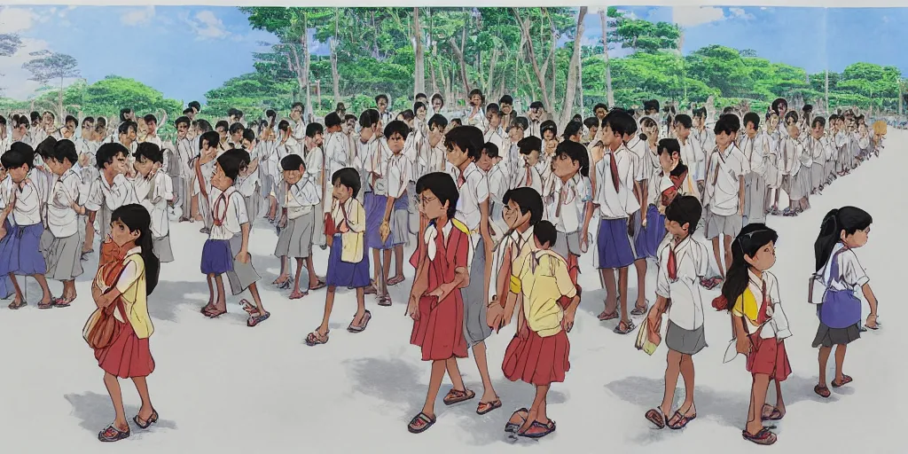 Image similar to sri lankan school kids, drawn by hayao miyazaki, rule of thirds