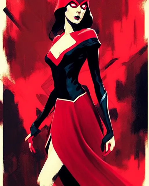 Image similar to rafael albuquerque comic art, peter mohrbacher, phil noto, artgerm, pretty evil elizabeth olson scarlet witch marvel, black and red dress, symmetrical eyes