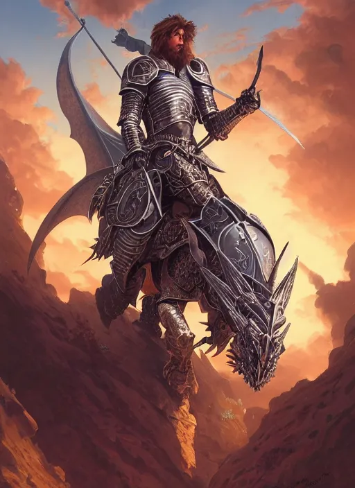 Image similar to highly detailed portrait of a paladin knight with shield fighting a red dragon, fantasy art by by simon bisley, loish, rhads, ferdinand knab, makoto shinkai and lois van baarle, ilya kuvshinov, rossdraws, tom bagshaw, global illumination, radiant light, detailed and intricate environment