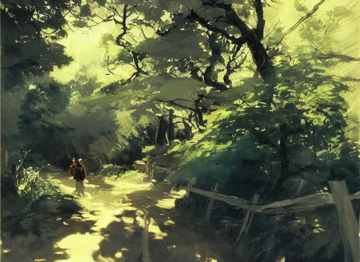 Image similar to oil painting of japanese forest path in midday by anders zorn, wonderful art by studio ghibli, incredible lighting, shadows, beautiful cinematic light, american romanticism by greg manchess, tall rocky mountains and storm clouds, sun rays, sunshine, bright sunny summer day, stone walls and wooden fences, meadow