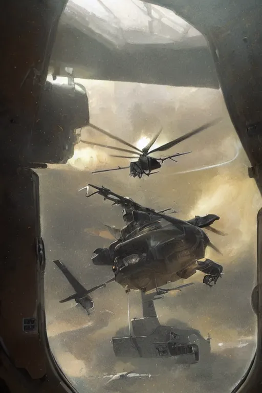 Image similar to a mech sodier with a head of a british longhair cat in the helicopter cabin ready to deploy, epic scene, by greg rutkowski