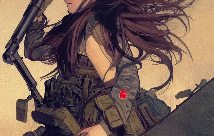 Prompt: infantry girl, anime style, symmetrical facial features long hair, hair down, under heavy fire, explosions, wallpaper, hyper realistic, pale skin, rule of thirds, extreme detail, 4 k, detailed drawing, trending artstation, realistic lighting, trading card, by alphonse mucha, greg rutkowski, sharp focus, backlit, fast helmet