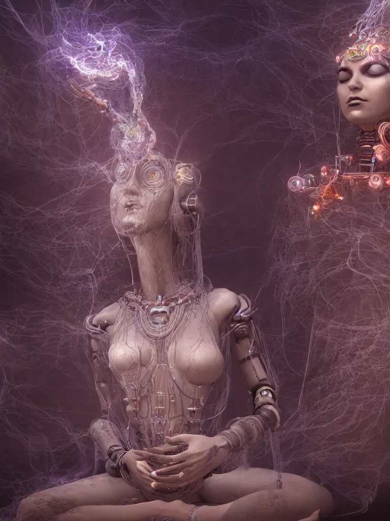 Image similar to an ancient mystical alluring female shaman generating flowing energy and surrounded by wisps of incense smoke sits meditating in a magical cybernetic robot temple, face, by vitaly bulgarov and roberto ferri, 3 d, cinema 4 d render, trending on artstation