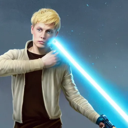 Image similar to Over-the-Shoulder Shot !dream full body Over-the-Shoulder Shot of a young blonde male jedi with short hair with his blue lightsaber is ignited illuminating him and the scene, concept art by Doug Chiang cinematic concept art, realistic painting, high definition, digital art, matte painting, symmetrical, very detailed, realistic, dramatic lighting, cinematic, establishing shot, extremely high detail, photo realistic, cinematic lighting, post processed, concept art, artstation, matte painting, red color scheme, the Mandalorian concept art style