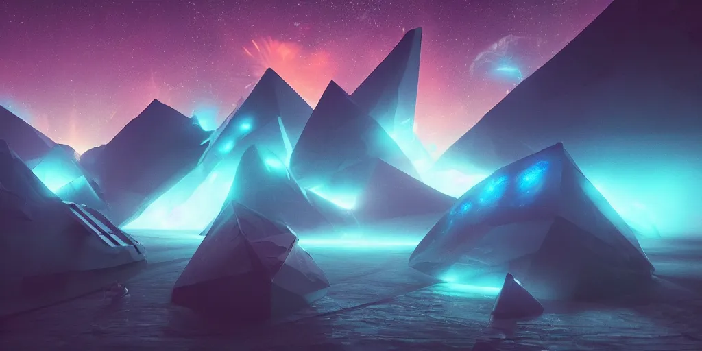 Prompt: a massive tetrahedron with glowing blue edges and iridescent pitch black faces floating above an alien planet, a digital painting, trending on Artstation, octane render, ultra detailed by artgerm