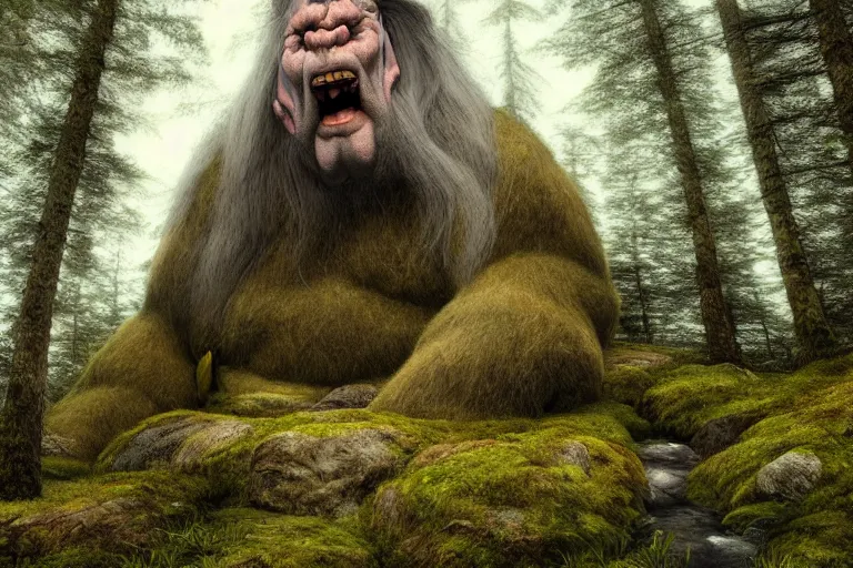Prompt: huge mountain troll in a swedish forest, very low angle photograph, very detailed, trending on artstation, realistic, soft colors, illustration by john bauer