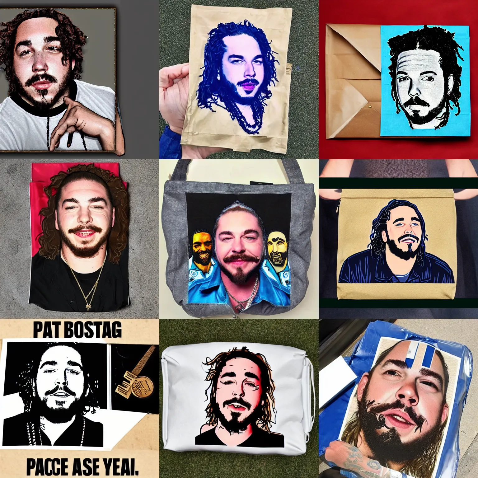 Prompt: post malone's face embroidered on a postal worker's mail bag