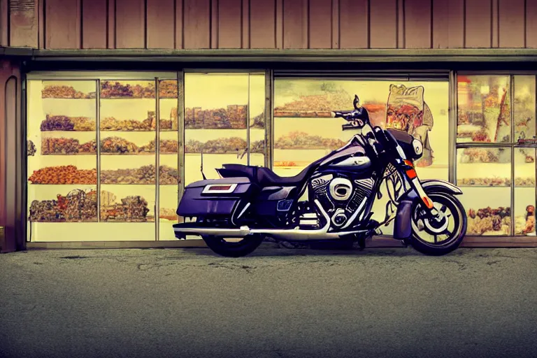 Prompt: harley davidson in front of a food store, panoramic view, soft colors, pop art style