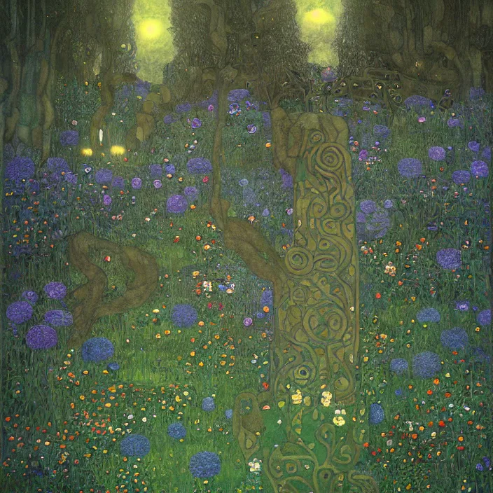 Prompt: ancient overgrown! ruins, medieval gates, runestones!, mysetrious etherial mesmerizing runic!!!, catlike, magical elven geometry, concept art by gustav klimt!, deviantart contest winner, environmental art, indigo flower meadow, fairy circles, lit by moonlight!!, high detail, intricate masterpiece