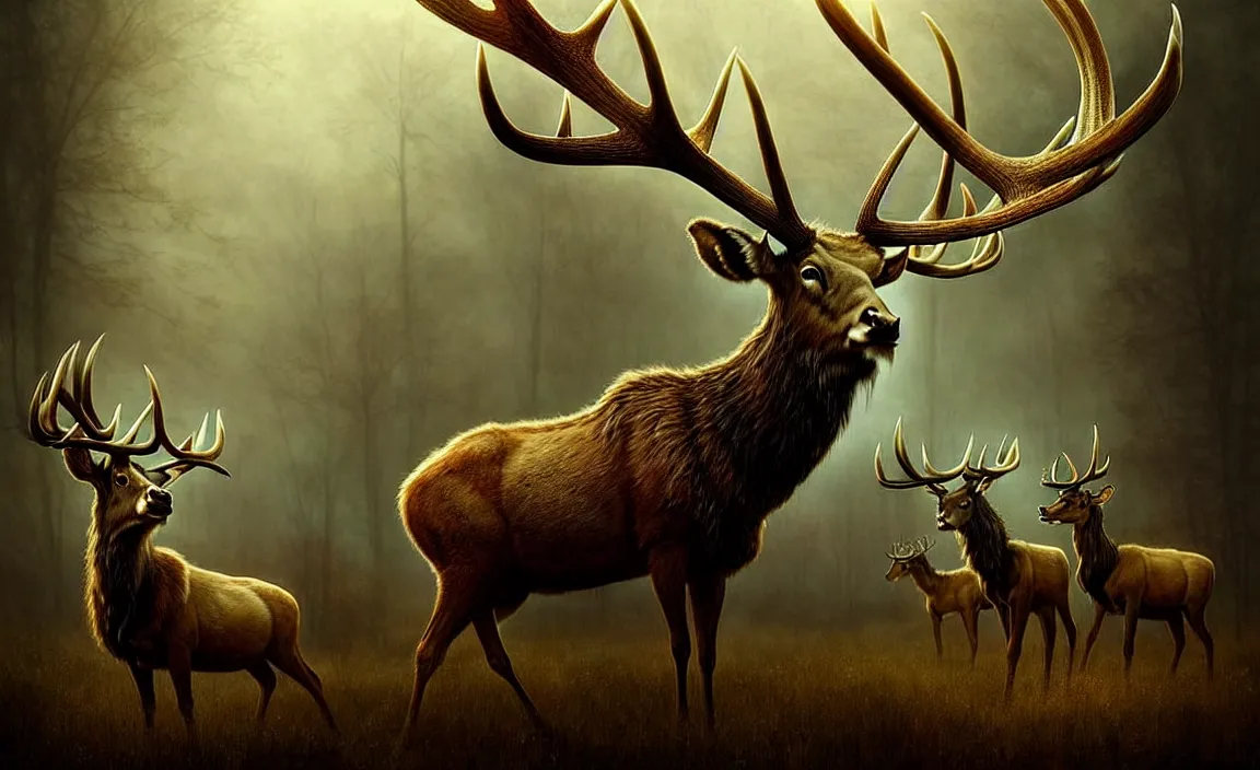 Prompt: epic professional digital art of antlered herbivores, faint golden moody atmospheric lighting, painted, intricate, detailed, detailed, foreboding, by leesha hannigan, wayne haag, reyna rochin, ignacio fernandez rios, mark ryden, iris van herpen,, epic, stunning, gorgeous, much wow, cinematic, masterpiece.