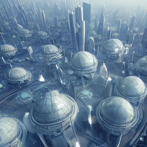 Image similar to a highly detailed 3D octane render of a futuristic dome city floating in the clouds, floating arcology city, inspired by Buckminster Fuller’s circular city project and Cloud City, trending on artstation, unreal engine, hyperrealistic, photorealistic