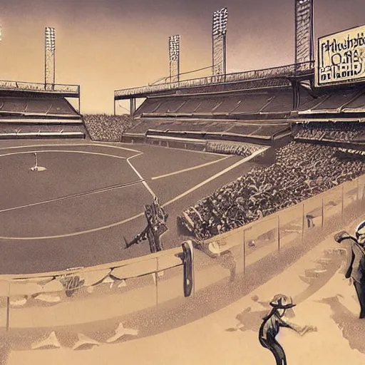 Prompt: baseball tidal wave over 1940s baseball park, concept art, by Takumi Park, surreal