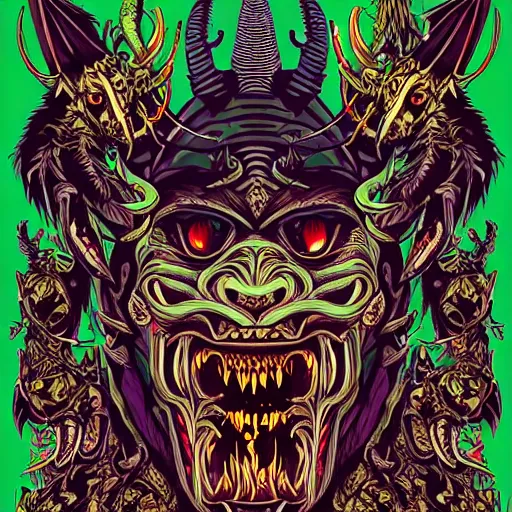 Prompt: barong family member, wiwek, bleeding fangs, crab claws, small horns, viking beard, mara demon, lizard tongue, one single tribe member, jungle, one single mask, dark neon sign lights, 8 0 s, ancient warrior, gorilla, tribals, art by dan mumford and justin gerard